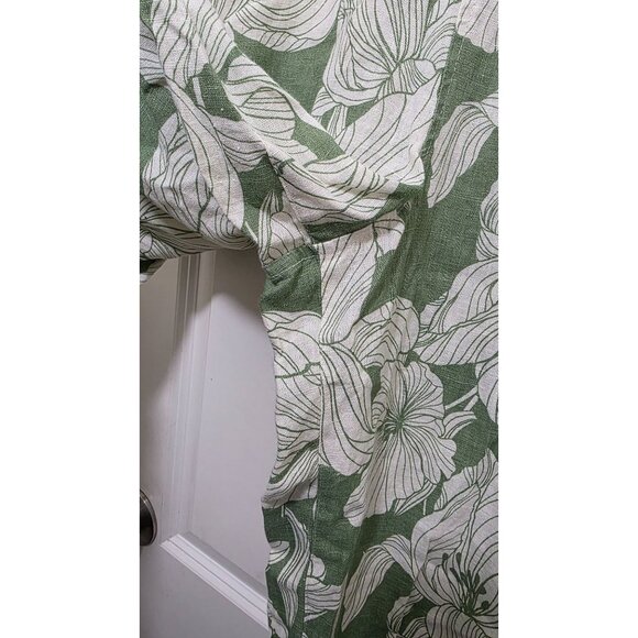 Tahari Women's Green & White Floral Print 100% Linen Pants Size L Elastic Waistb - Picture 5 of 6